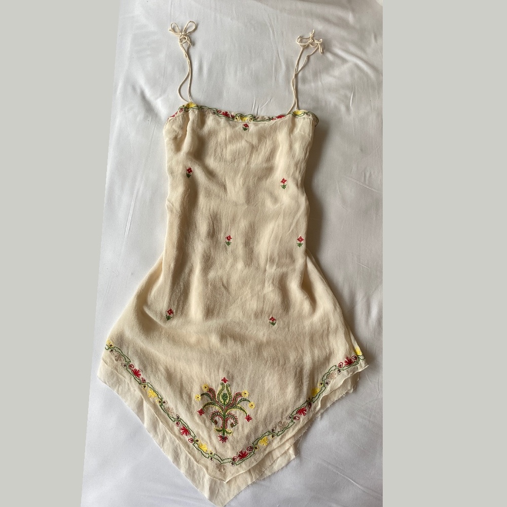 Mini Cream Vintage Dress with Floral Details and Handkerchief Hem